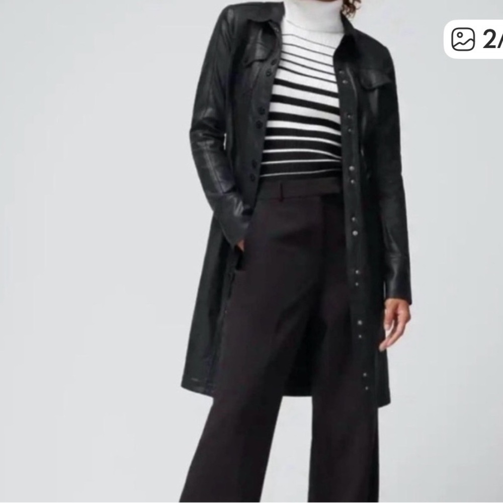 White House Black Market Long Faux Black Leather Jacket. Coated Denim  $170